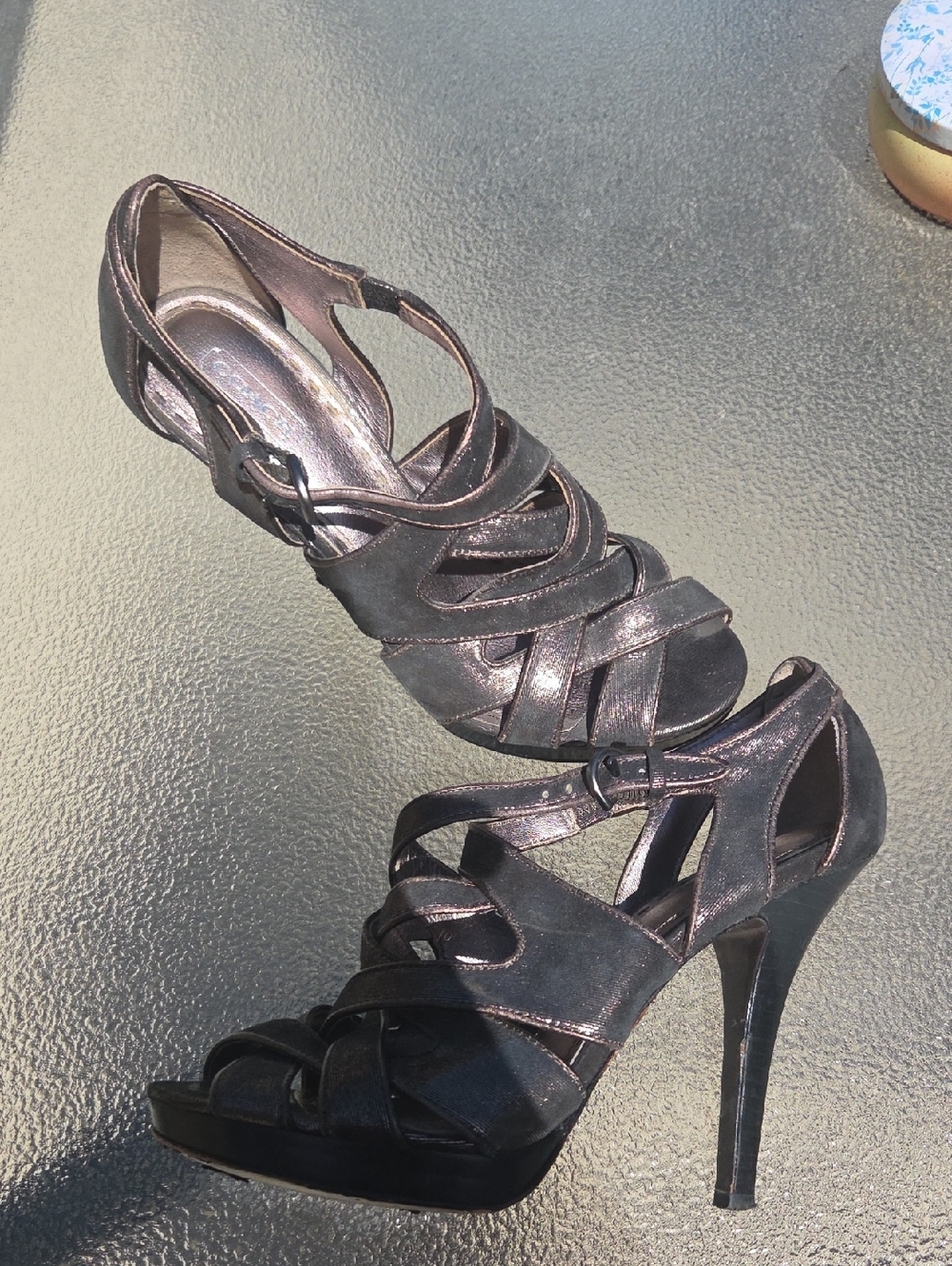 Coach Metallic Charcoal Strappy High-Heel Sandals